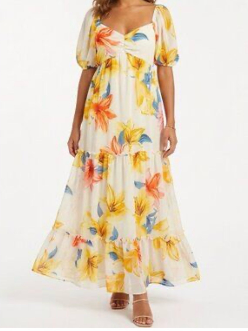 Floral Puff-Sleeve Maxi Dress in Cream and Yellow